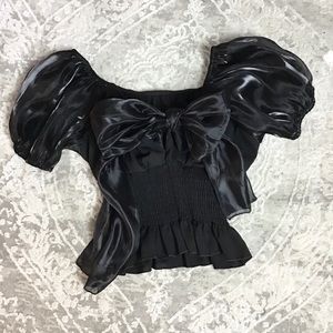 Black Puff Sleeve Bow Smocked Waist Top